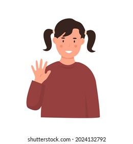 Little smiling school girl waving hand. Happy kid with two ponytails in greeting gesture saying hello or goodbye. Portrait of child from kindergarten or elementary school. Flat vector illustration.