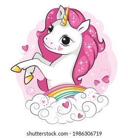 Little smiling unicorn. Rainbow and clouds. Beautiful picture for your design.