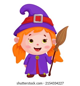 Little smiling witch with broom for Halloween party.Cartoon vector graphic.