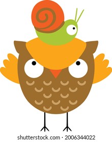 Little snail on the head of a  cute owl