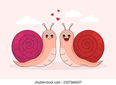 Сute little snails hugging. Cloud with red hearts. Vector Valentine's Day card. Cartoon illustration. Perfect for postcard, poster, banner