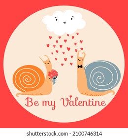 Сute  Little Snails Under Cloud And Red Hearts. Vector Valentine's Day Card. Text Be My Valentine. Cartoon Illustration. Perfect For Postcard, Poster, Banner