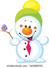 little snowman with bird isolated on white background