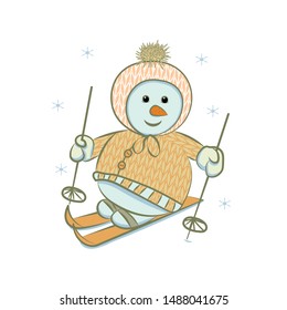
Little snowman skier on a white background. Snowman in a knitted hat and knitted cardigan is skiing. Vector illustration.