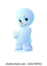 Little snowman thinking of throwing snowball. Cartoon person stands and smiles. Fun style. Child kid. Isolated on white background. Vector.