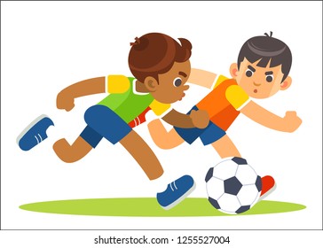 Little soccer player in action. Vector flat illustration. 