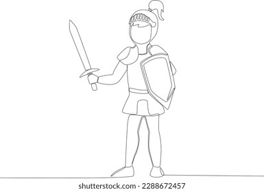 A little soldier prepares for war. Ancient warrior one-line drawing