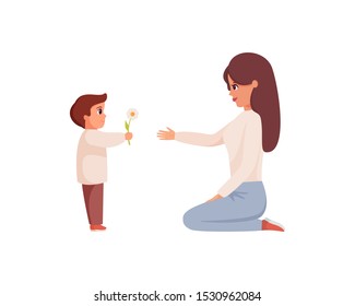 Un hijo pequeño le da flores a mamá. Un chico amable tiene flores para su madre. Niño felicitando a la mujer feliz. Caricatura vectorial colorida.