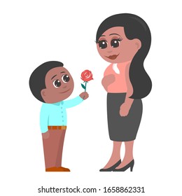 Little son gives mother a rose flower. Mother is very happy. African American family. Vector flat illustration in cartoon style.