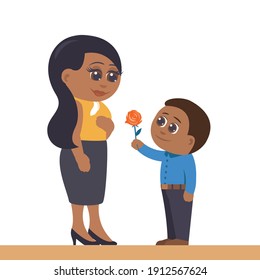 Un hijo pequeño le da a la madre una flor de rosa. Mamá está muy feliz. Familia afroamericana. Ilustración vectorial plana al estilo de las caricaturas.