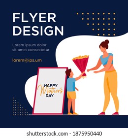 Little son giving flowers to young mother. Gift, parent, child flat vector illustration. Holiday, parenthood and family concept for banner, website design or landing web page