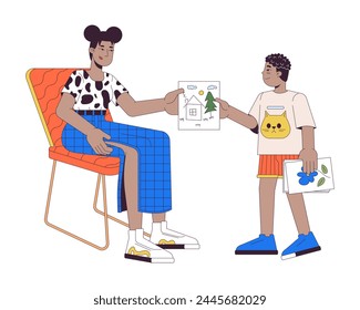 Pequeño hijo dando la imagen a la madre 2D lineal de personajes de dibujos animados. Niño que presenta el dibujo a la línea aislada de la mujer de la gente del Vector de fondo blanco. Ilustración de punto plano de color de la familia afroamericana