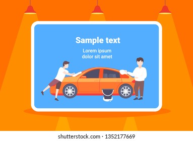 little son helping his father washing car happy family man with boy spending time together male cartoon characters full length copy space horizontal