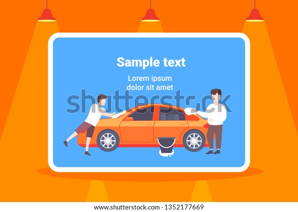 little son helping his father washing\
car happy family man with boy spending time together male cartoon\
characters full length copy space\
horizontal