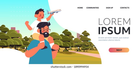 little son holding toy plane and sitting on father's shoulders parenting fatherhood concept dad walking with his kid in urban park portrait horizontal copy space vector illustration