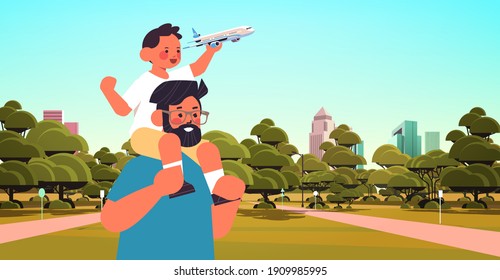 little son holding toy plane and sitting on father's shoulders parenting fatherhood concept dad walking with his kid in urban park portrait horizontal vector illustration