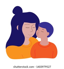 Little son kisses his smiling beautiful mother. Happy family in simple flat style in blue and orange colors. Isolated on white. Vector illustration.