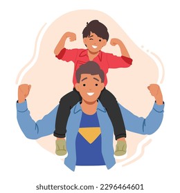 Little Son Perched On Dad's Shoulders Enjoying The View From Above. Father-son Bonding, Height Advantage, And A Sense Of Adventure. Loving Family Characters Fun. Cartoon People Vector Illustration