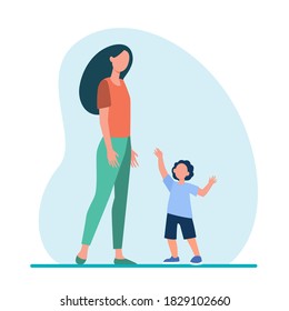 Little son reaching arms to his mom. Woman and kid walking together flat vector illustration. Motherhood, parenthood, childcare concept for banner, website design or landing web page