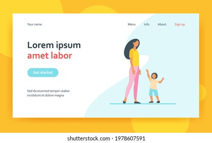 Little son reaching arms to his mom. Woman and kid walking together flat vector illustration. Motherhood, parenthood, childcare concept for banner, website design or landing web page