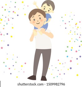 Little son riding on father's shoulder