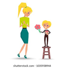 Little son stands on stool, holds bouquet and box with bow and greets his mother with Womens Day. Family members vector illustration.