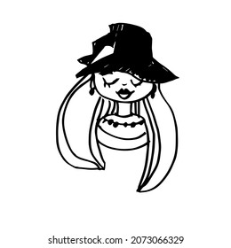 A little sorceress in a black hat. A hand-drawn sketch. Vector illustration