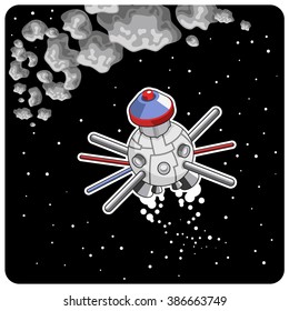 Little space probe on its journey though space underneath an asteroid belt, stars in background (isometric view)