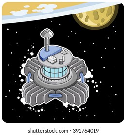 Little space station rotating underneath a planet with moon, stars in background (isometric view)
