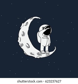 Little spaceman looking to infinity on crescent moon. Space explorer. Cosmic vector illustration