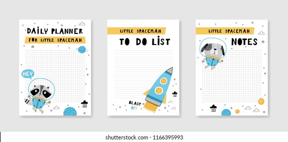Little spaceman: Templates for planner. Hand drawn graphic for typography. Vector illustration in blue and yellow.