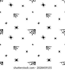 Little spiders with spider webs vector seamless pattern background for Halloween design.
