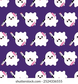 LITTLE SPOOKY GHOST IS HOLDING A KNIFE SEAMLESS PATTERN DESIGN