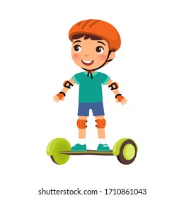 Little sportsman with gyroscooter flat vector illustration. Cute kid riding self balancing board cartoon character. Boy with modern electric transport isolated on white. Recreation and leisure concept