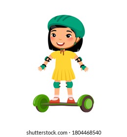 Little sportsman with gyroscooter flat vector illustration. Cute kid riding self balancing board cartoon character. Little asian girl with modern electric transport. Recreation and leisure concept