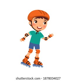 Little sportsman with roller skating flat vector illustration. Cute little boy self balancing  rollerskate cartoon character isolated on white. Recreation and leisure concept