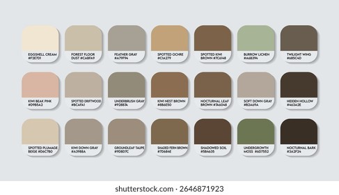 Paleta de Cores de Kiwi Manchado Pequeno. Little Spotted Kiwi cor Tom Swatch Chart com códigos HEX e nomes de cores. pequeno kiwi cinza é um pequeno pássaro sem voo em kiwi Tones Variants. Paleta de cores de moda