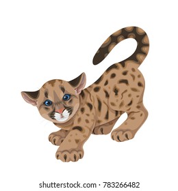 Little spotted puma  with blue eyes.Young American mountain lion  in  motion before jump  isolated on white. Cute cougar cub vector flat illustration.