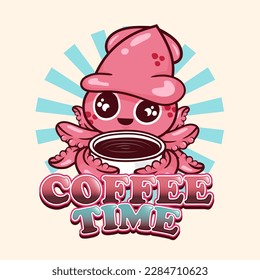 Little squid holding a coffee cup. Vector illustration.