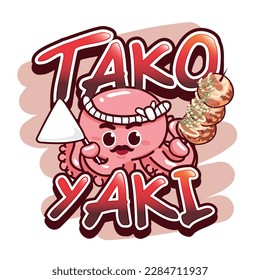 Pequeño calamar sostiene takoyaki. Ilustración vectorial.