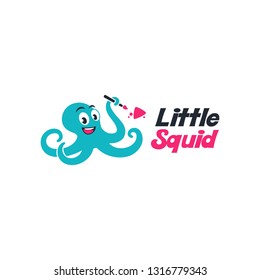 Little Squid Logo, cute squid cartoon character holding paint brush