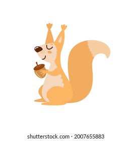 Little squirrel with acorn. Cute cartoon character, happy woodland animal holding acorn or hazelnut in paws. Hand drawn vector illustration isolated on white background. Flat design for children