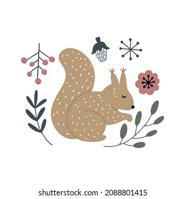 Little squirrel with berries, flowers and acorn, Scandinavian style isolated hand drawn vector clipart