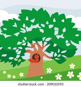 little squirrel in a hollow oak. vector drawing to children's stories