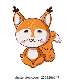 Little squirrel in meditative pose flat color vector illustration. Adorable Kawaii wild animal exuding peaceful aura icon on white background