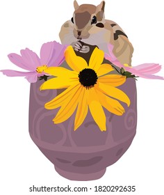 Little squirrel in the pot with flowers