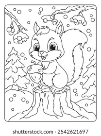 Little squirrel in the winter forest. Coloring book for children. Vector image.