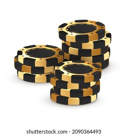 Little stack of black with gold  poker chips, tokens on white background. Vector illustration for casino, game design, flyer, poster, banner, web, advertising.