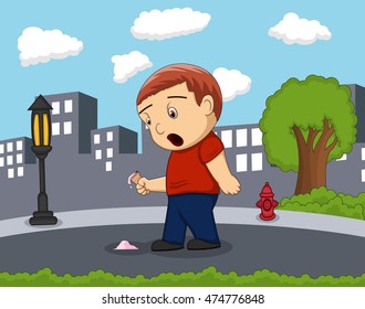 Little standing on the street with city boy surprised to see the ice cream fall  background cartoon vector