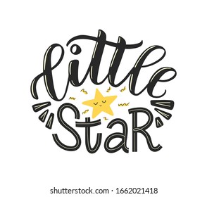 Little star lettering poster decorated by cute doodle star. Little star text as nursery poster, kids clothes design and print. Vector illustration EPS 10